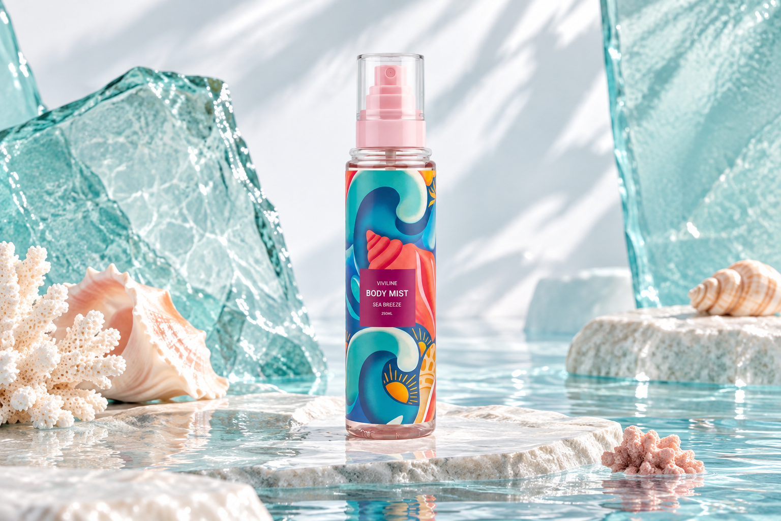 VIVILINE Sea Breeze Body Mist in a luminous ocean-inspired setting
